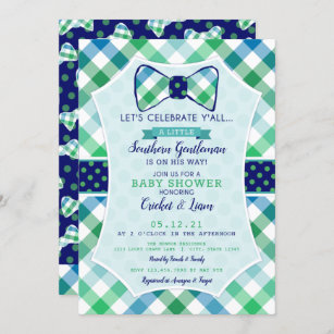 Southern Gentleman Plaid and Bowtie Baby Boy Invitation