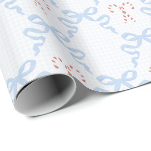 Southern Grandmillennial Blue Ribbon Candy Cane Wrapping Paper
