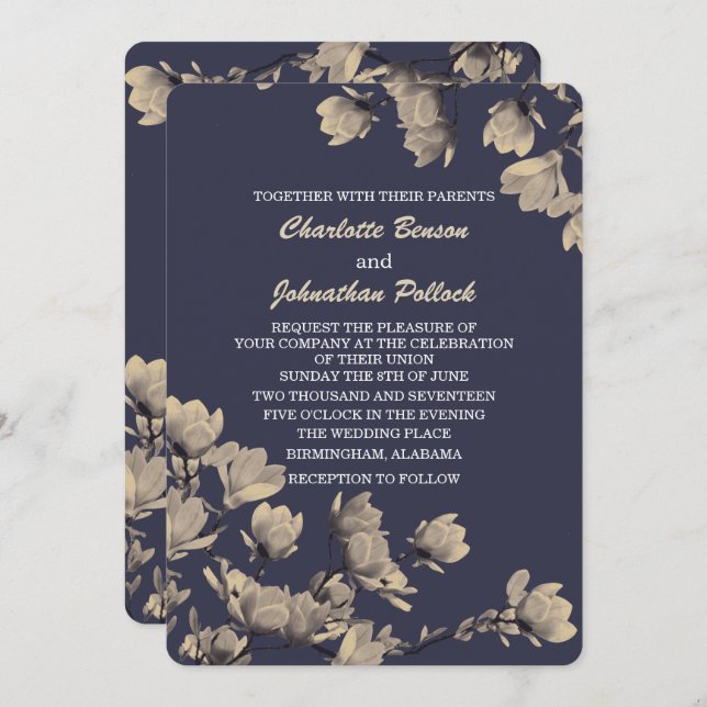 Southern Greige Magnolias Midnight Blue Wedding Invitation (Front/Back)