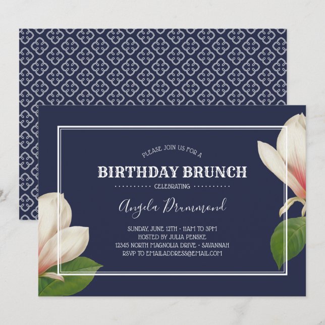 Southern Magnolia Birthday Brunch Blue Invitation (Front/Back)