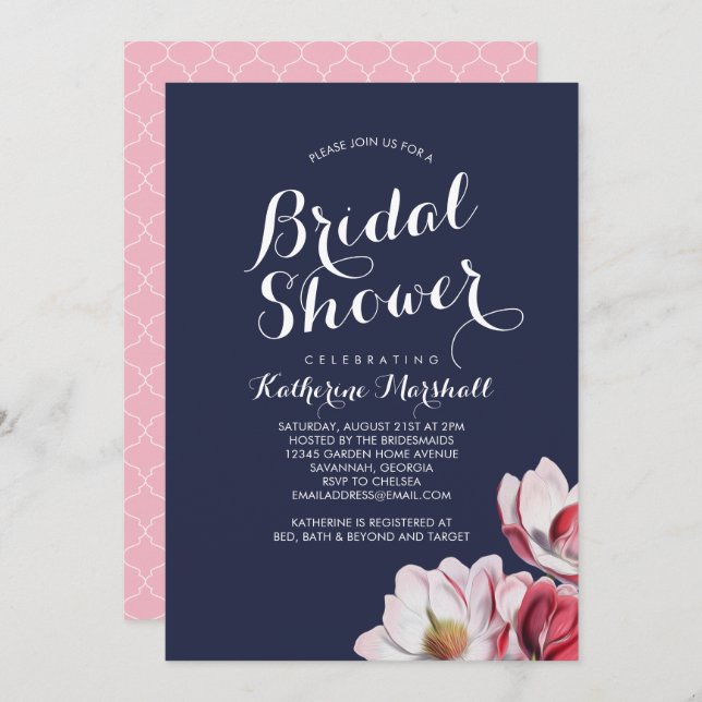 Southern Magnolia Bridal Shower Midnight Blue Invitation (Front/Back)