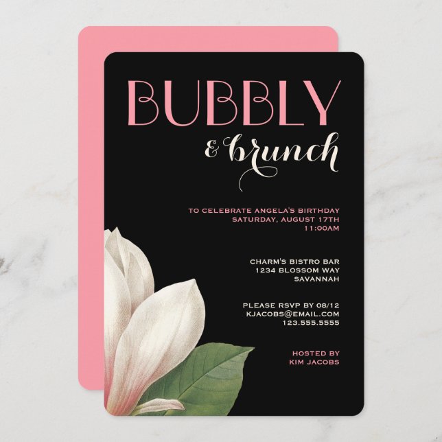 Southern Magnolia Bubbly Brunch | Pink Ivory Black Invitation (Front/Back)