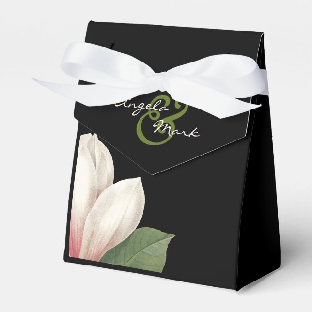 Southern Magnolia Flower Wedding | Elegant Black Favour Box (Front Side)