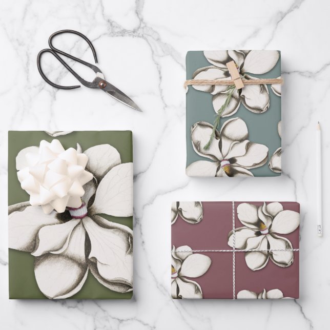 Southern Magnolia Flowers Patterned Wrapping Paper Sheet (Front)