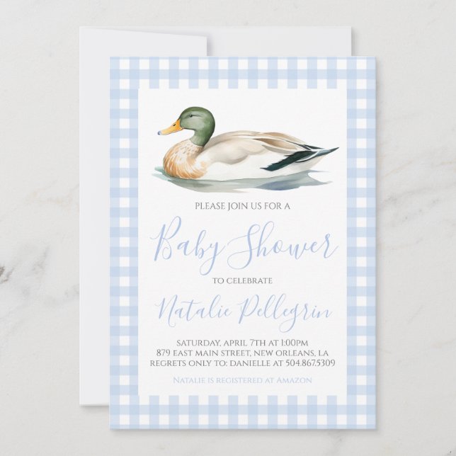Southern Mallard Duck Blue Gingham Baby Shower Invitation (Front)
