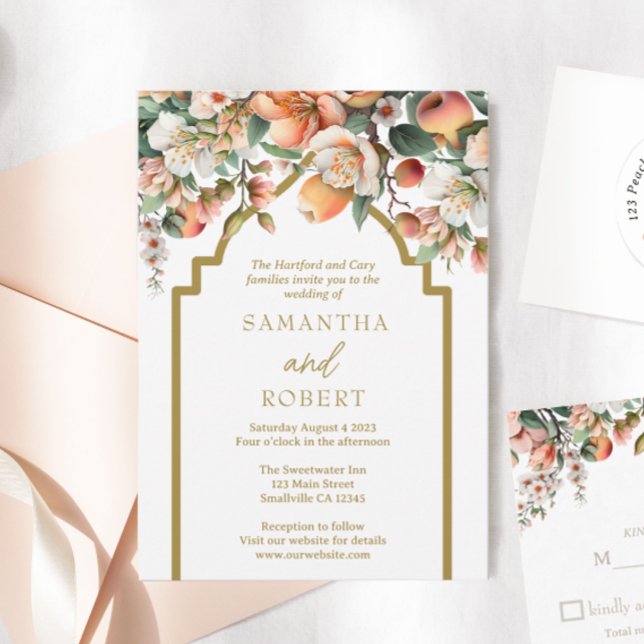 Southern Peach and Gold Floral Wedding Invitation (Creator Uploaded)