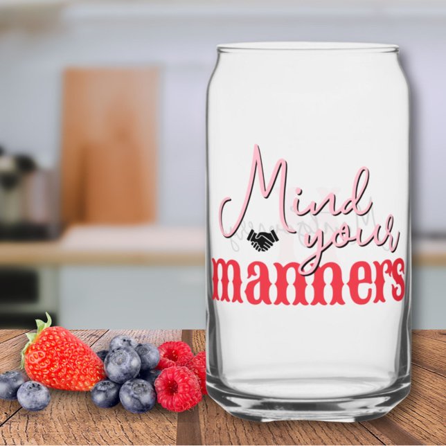 Southern Quote Mind Your Manners Pink Red Monogram Can Glass (Southern Quote Mind Your Manners Pink Red Monogram Can Glass)