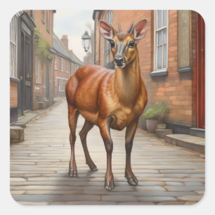 Southern Red Muntjac in cobble stone street Square Sticker