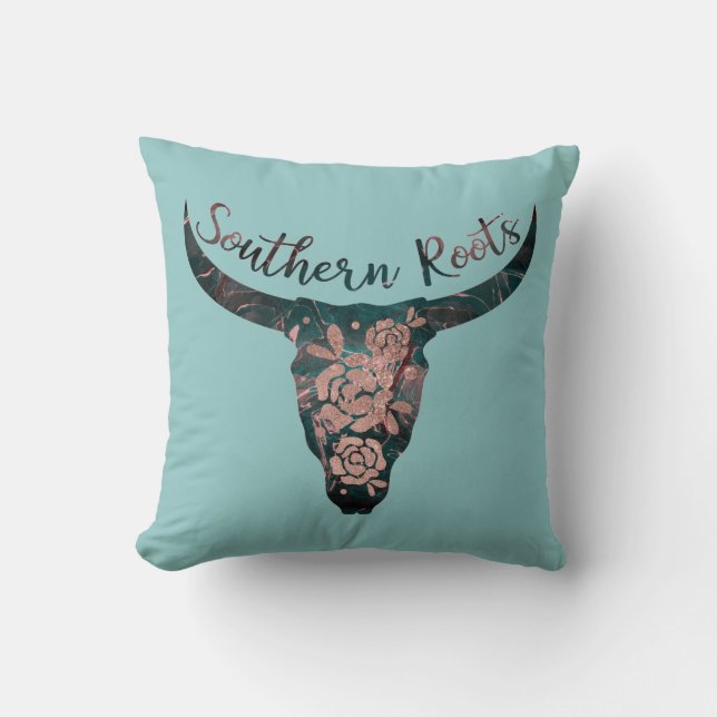 Southern Roots Country Longhorn Pink Rose & Green Cushion (Front)