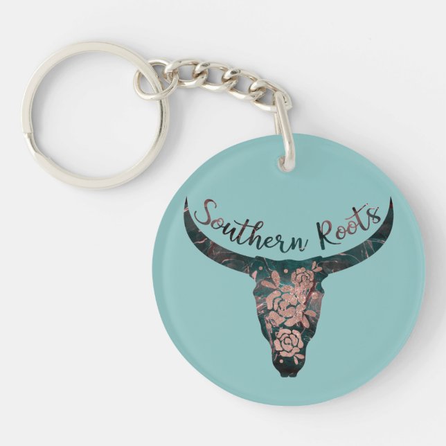 Southern Roots Country Longhorn Pink Rose & Green Key Ring (Front)
