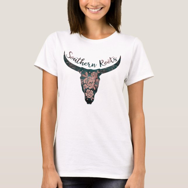 Southern Roots Country Longhorn Pink Rose & Green T-Shirt (Front)