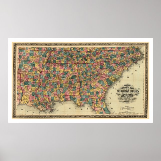 Southern States Railroad Map 1864 Poster (Front)