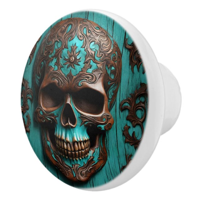 Southern Turquoise Día De Muertos Sugar Skull  Ceramic Knob (Right)