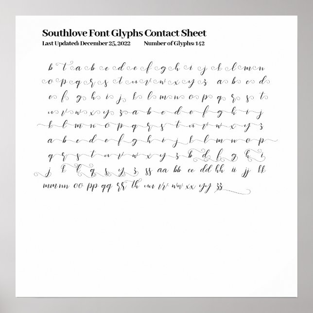 Southlove Font Glyphs Contact Sheet Poster (Front)