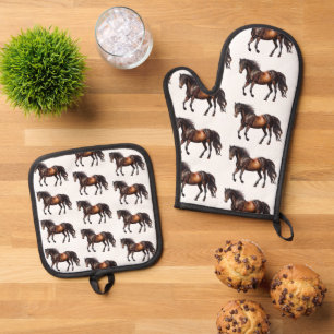 Southwest Animal Horse Cowboy Cowgirl  Oven Mitt & Pot Holder Set