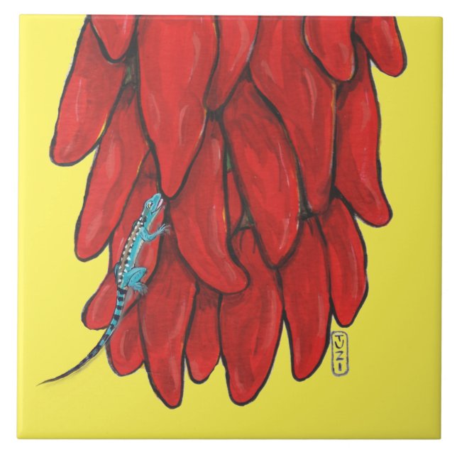 Southwest Blue Lizard Red Chile Pepper Mural Tile (Front)