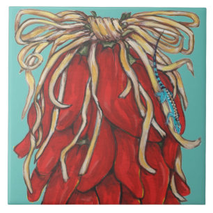 Southwest Blue Lizard Red Chilli Pepper House # Tile