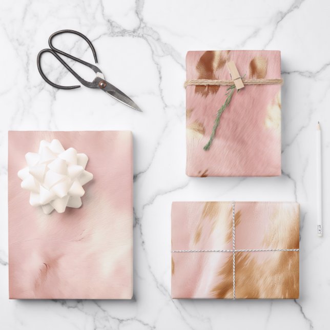Southwest Blush Pink Gold Cowgirl Cowhide Wrapping Paper Sheet (Front)
