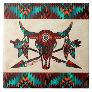 Southwest Buffalo Skull And Arrows Ceramic Tile