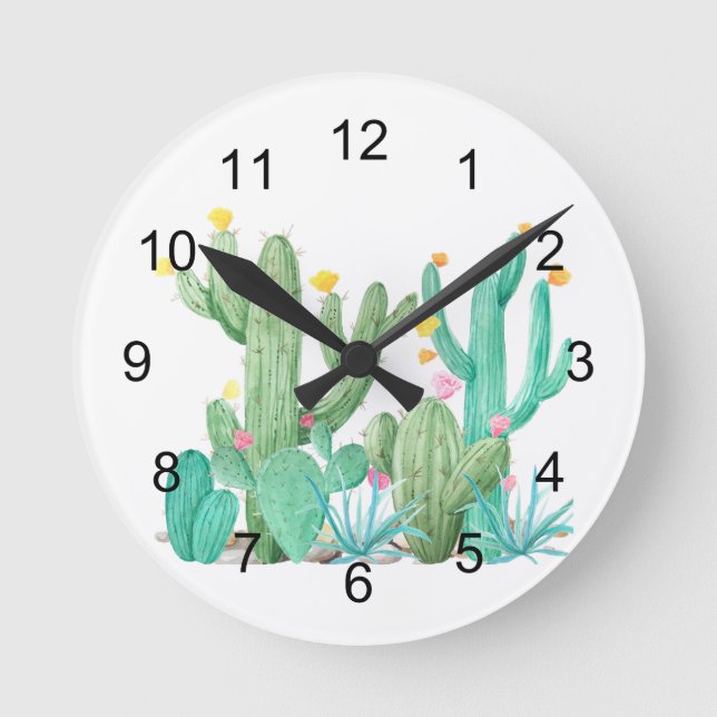 Southwest Cactus Cacti Watercolor Pretty Succulent Round Clock (Front)