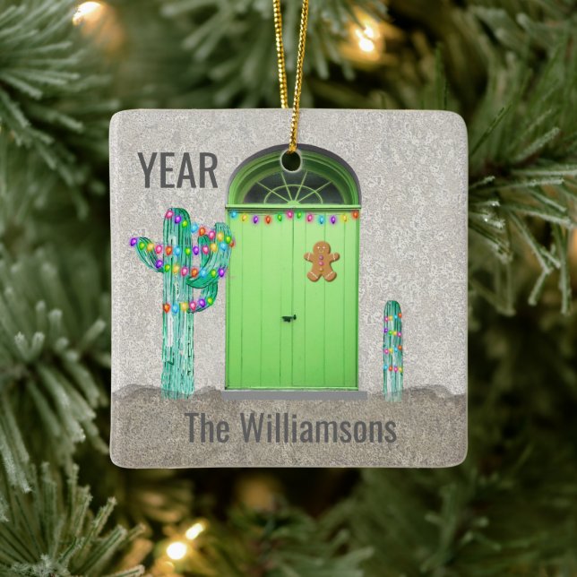 Southwest Cactus Christmas Lights Green Doors Ceramic Ornament (Tree)