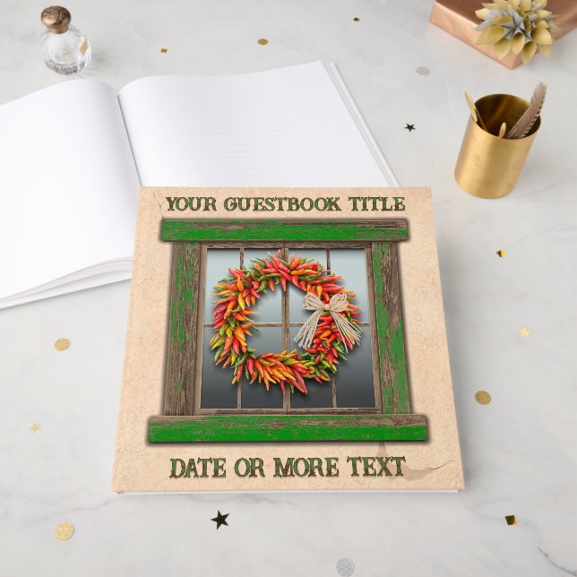 Southwest Chile Pepper Wreath Window Personalized  Guest Book (Front Open)