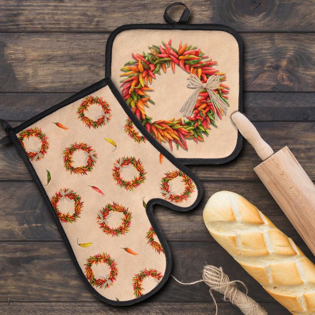 Southwest Chile Ristra Wreath on Adobe Wall Oven Mitt & Pot Holder Set (Chile Ristra Wreath on Potholder and Oven Mitt
)