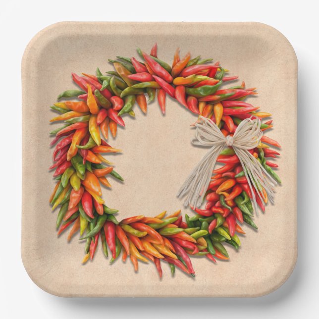Southwest Chile Ristra Wreath on Adobe Wall Paper Plate (Front)