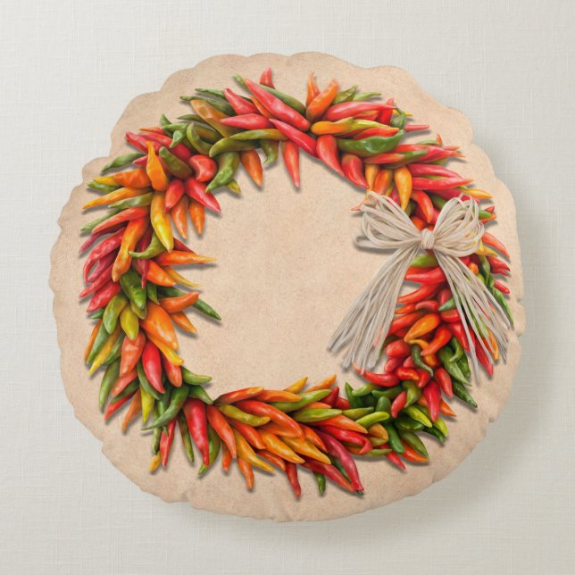 Southwest Chile Ristra Wreath on Adobe Wall Round Cushion (Front)