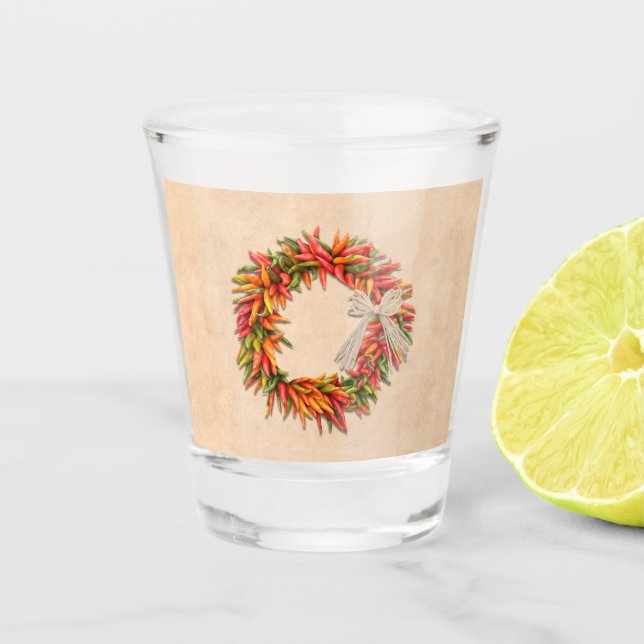 Southwest Chile Ristra Wreath on Adobe Wall Shot Glass (Front)