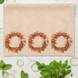 Southwest Chile Ristra Wreath on Adobe Wall Tea Towel