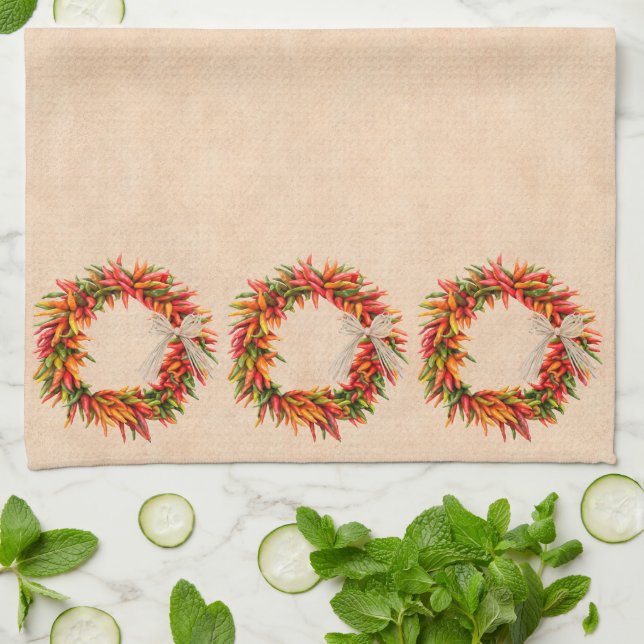 Southwest Chile Ristra Wreath on Adobe Wall Tea Towel (Folded)