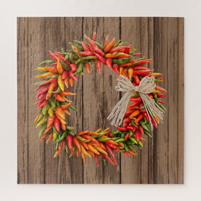 Southwest Chile Ristra Wreath on Weathered Wood Jigsaw Puzzle (Vertical)