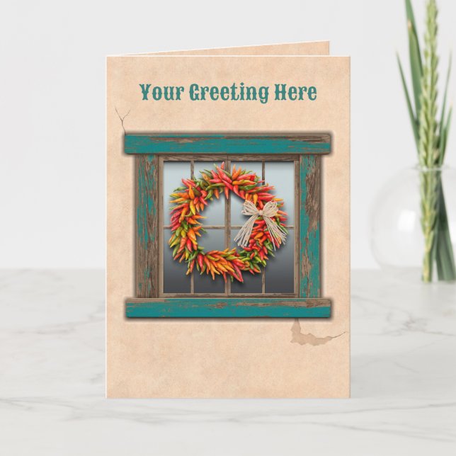 Southwest Chile Ristra Wreath Rustic Blue Window  Card (Front)