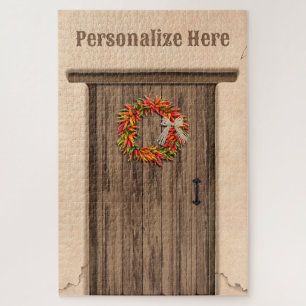 Southwest Chile Ristra Wreath Weathered Wood Door Jigsaw Puzzle