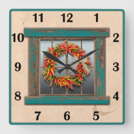 Southwest Chile Wreath Blue Window Basic Numbers  Square Wall Clock