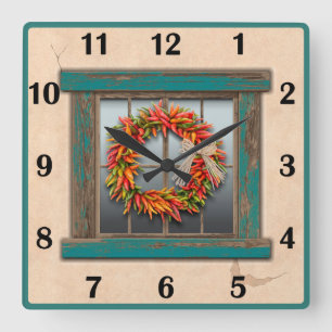 Southwest Chile Wreath Blue Window Basic Numbers Square Wall Clock