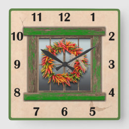 Southwest Chile Wreath Green Window Basic Numbers Square Wall Clock
