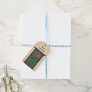 Southwest Chile Wreath on Rustic Blue Wood Door Gift Tags