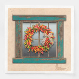 Southwest Chile Wreath on Rustic Blue Wood Window Napkin