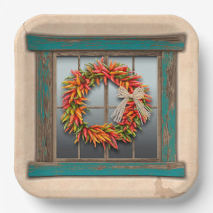 Southwest Chile Wreath on Rustic Blue Wood Window Paper Plate