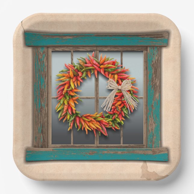 Southwest Chile Wreath on Rustic Blue Wood Window  Paper Plate (Front)