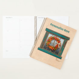 Southwest Chile Wreath on Rustic Blue Wood Window  Planner