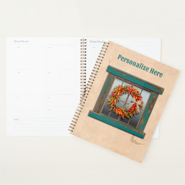 Southwest Chile Wreath on Rustic Blue Wood Window  Planner (Display)