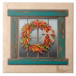 Southwest Chile Wreath on Rustic Blue Wood Window  Tile