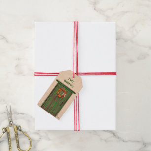 Southwest Chile Wreath on Rustic Green Wood Door   Gift Tags