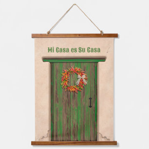 Southwest Chile Wreath on Rustic Green Wood Door Hanging Tapestry