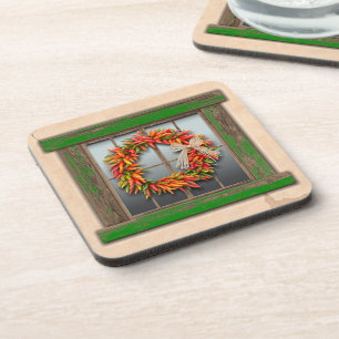Southwest Chile Wreath on Rustic Green Wood Window Coaster