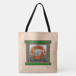 Southwest Chile Wreath on Rustic Green Wood Window Tote Bag