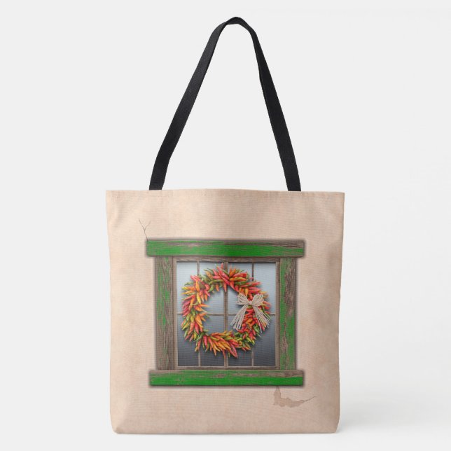 Southwest Chile Wreath on Rustic Green Wood Window Tote Bag (Front)